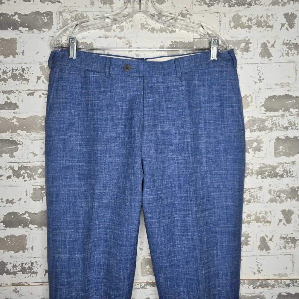Suitsupply Brescia Blue Linen Wool Silk Blend Dress Pants Mens 34x31 Cuffed Flat